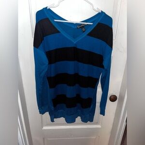 French Laundry Blue & Black Stripped V-Neck Sweater